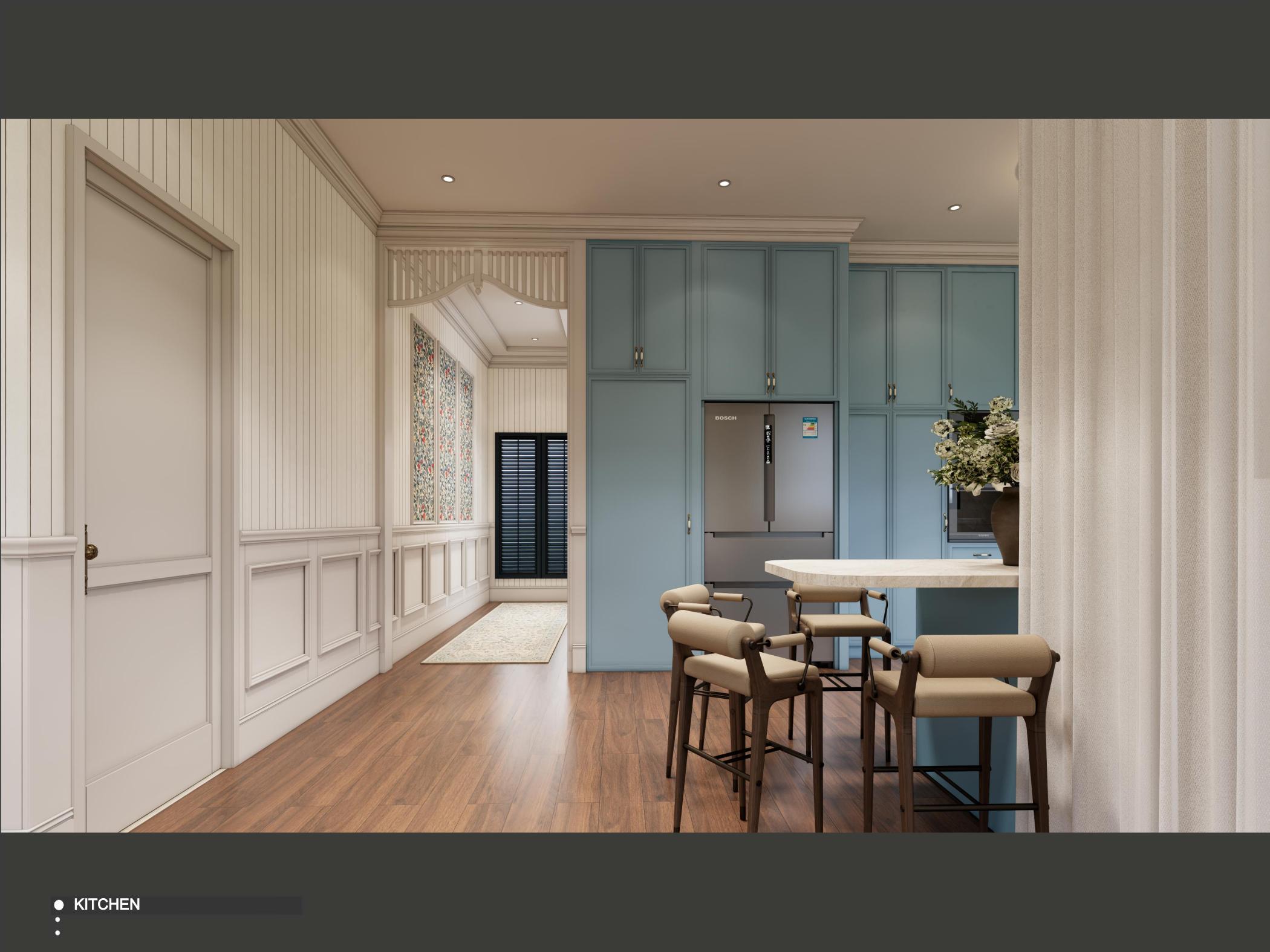 Blue kitchen render for an Australian villa sourcing project