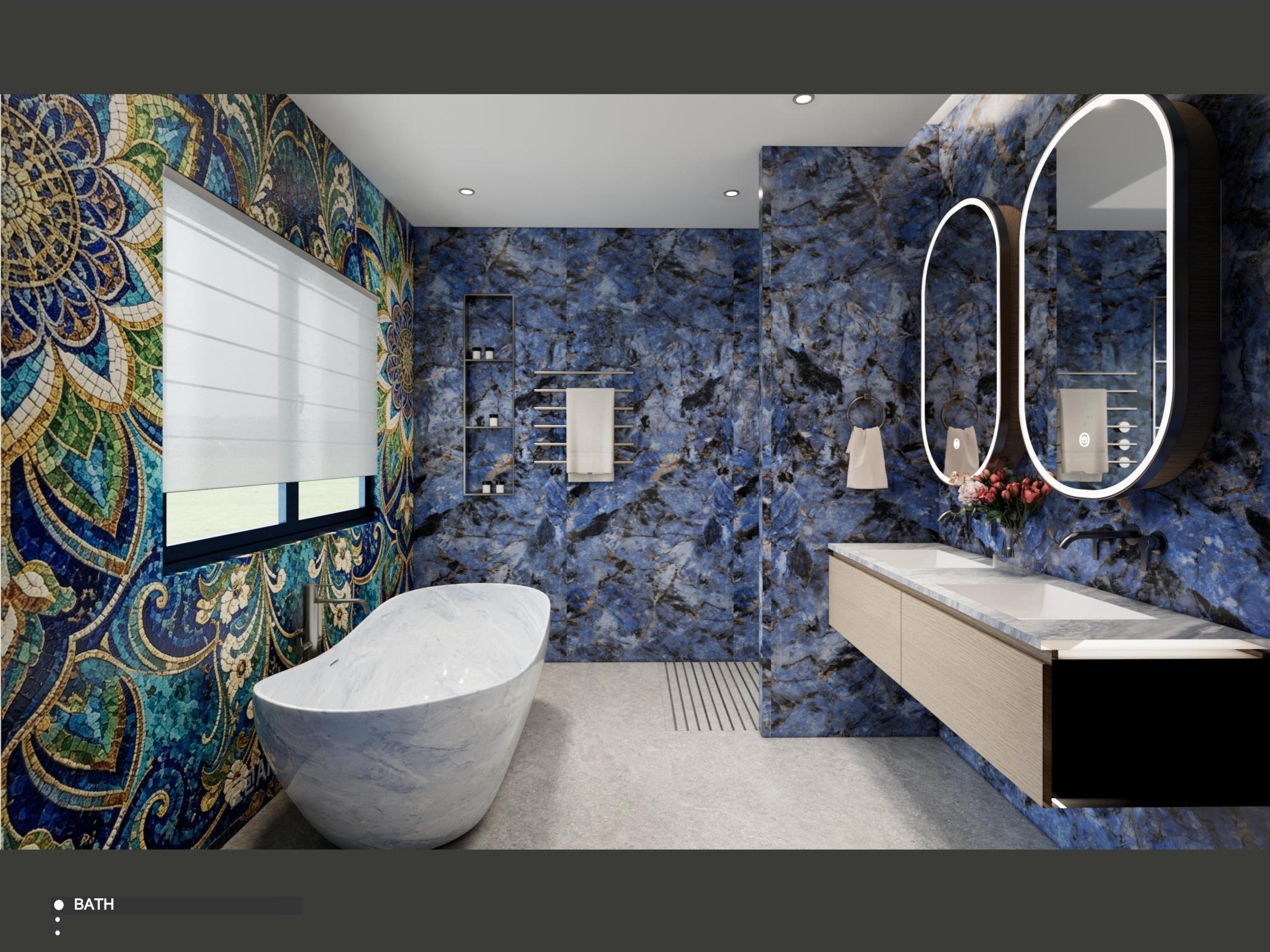 Statement bathroom render for an Australian villa sourcing project