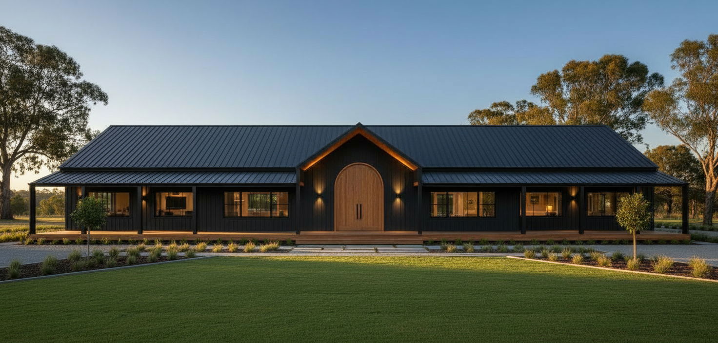 Dark rural-style facade for a renovation and addition in Penrith, New South Wales