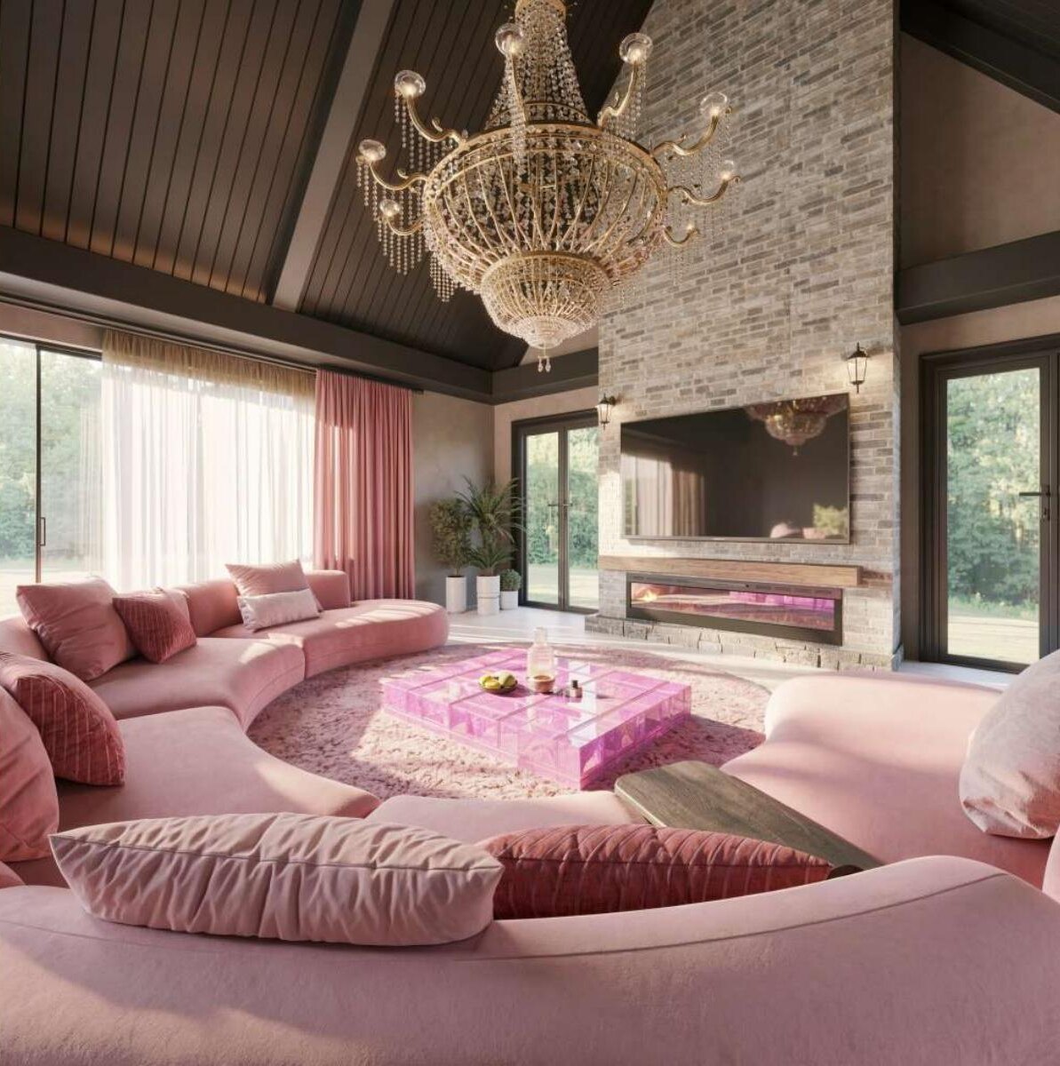 Pink sunken living room render