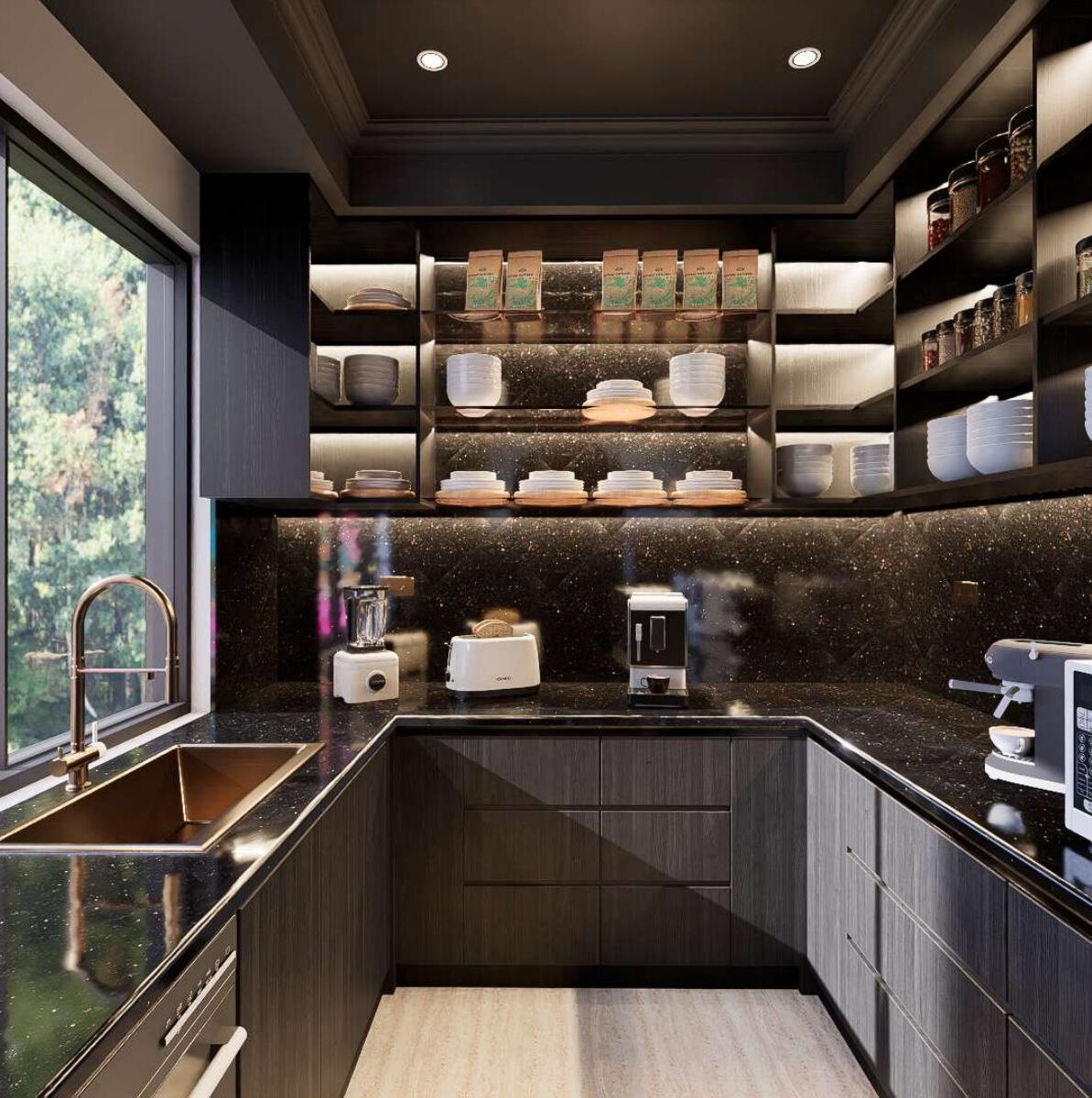 Dark cabinetry library render