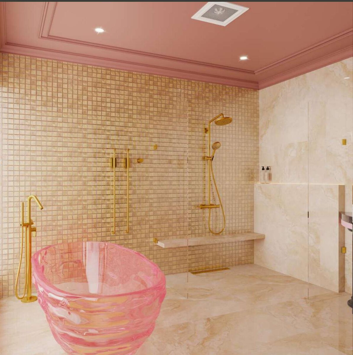 Pink bath and brass bathroom render