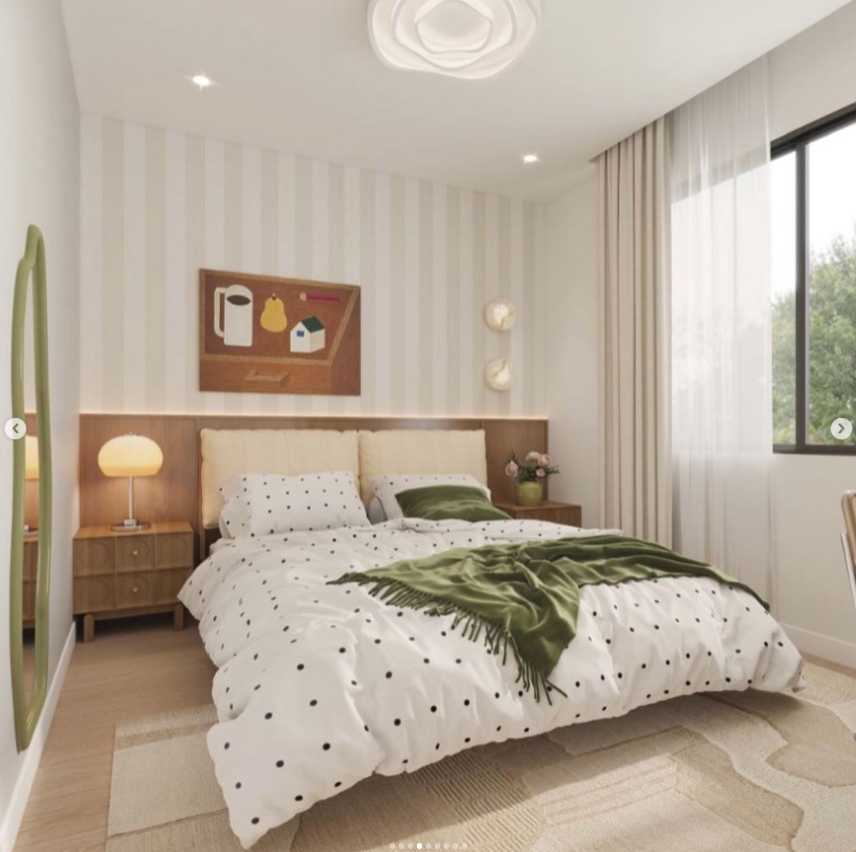 Green and walnut bedroom render for a Sydney granny flat