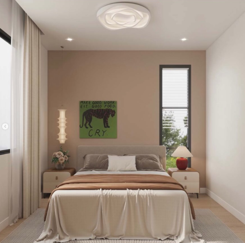 Warm neutral bedroom render for a Sydney granny flat
