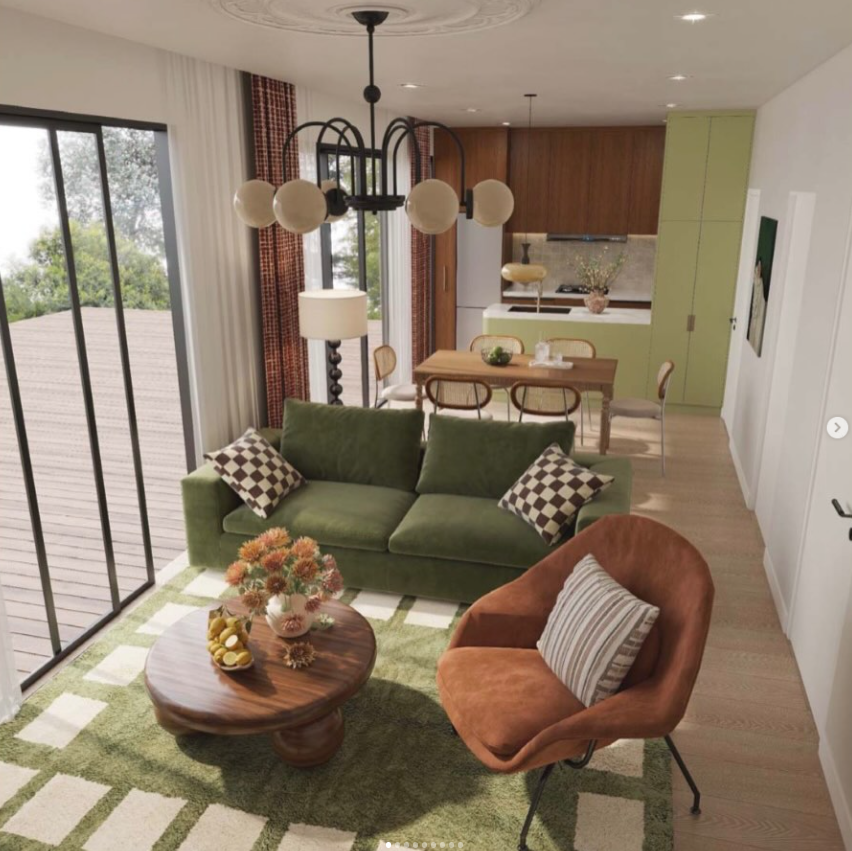 Open-plan living, dining and kitchen render for a Sydney granny flat