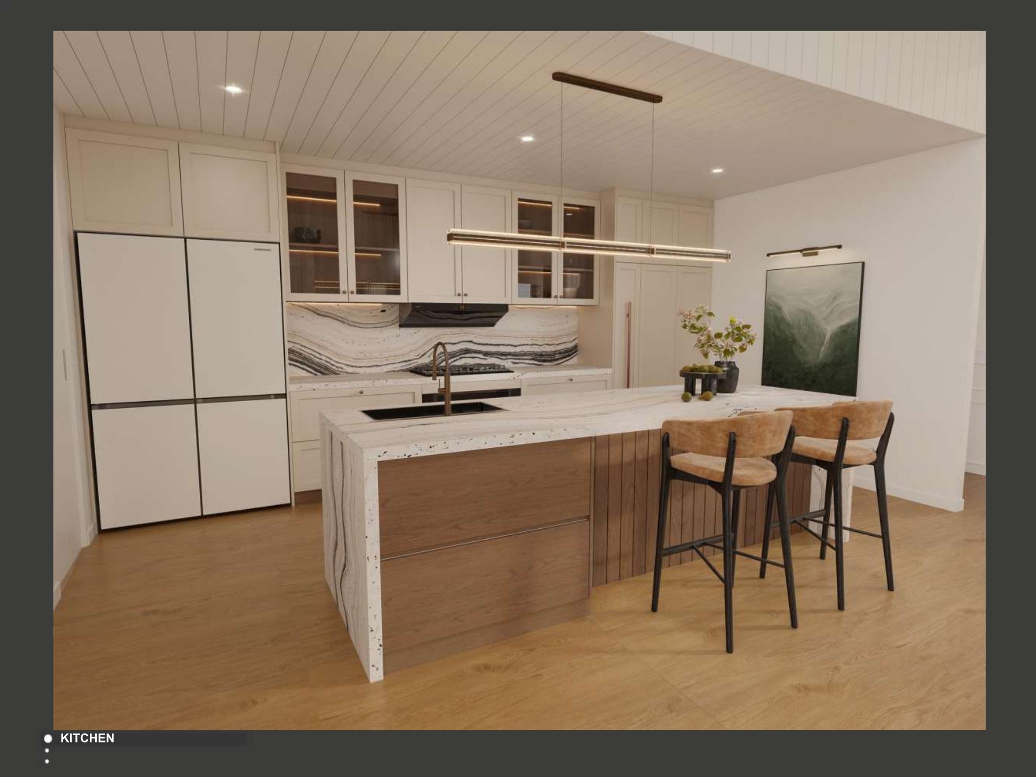 Light timber and white kitchen render for the Sydney villa