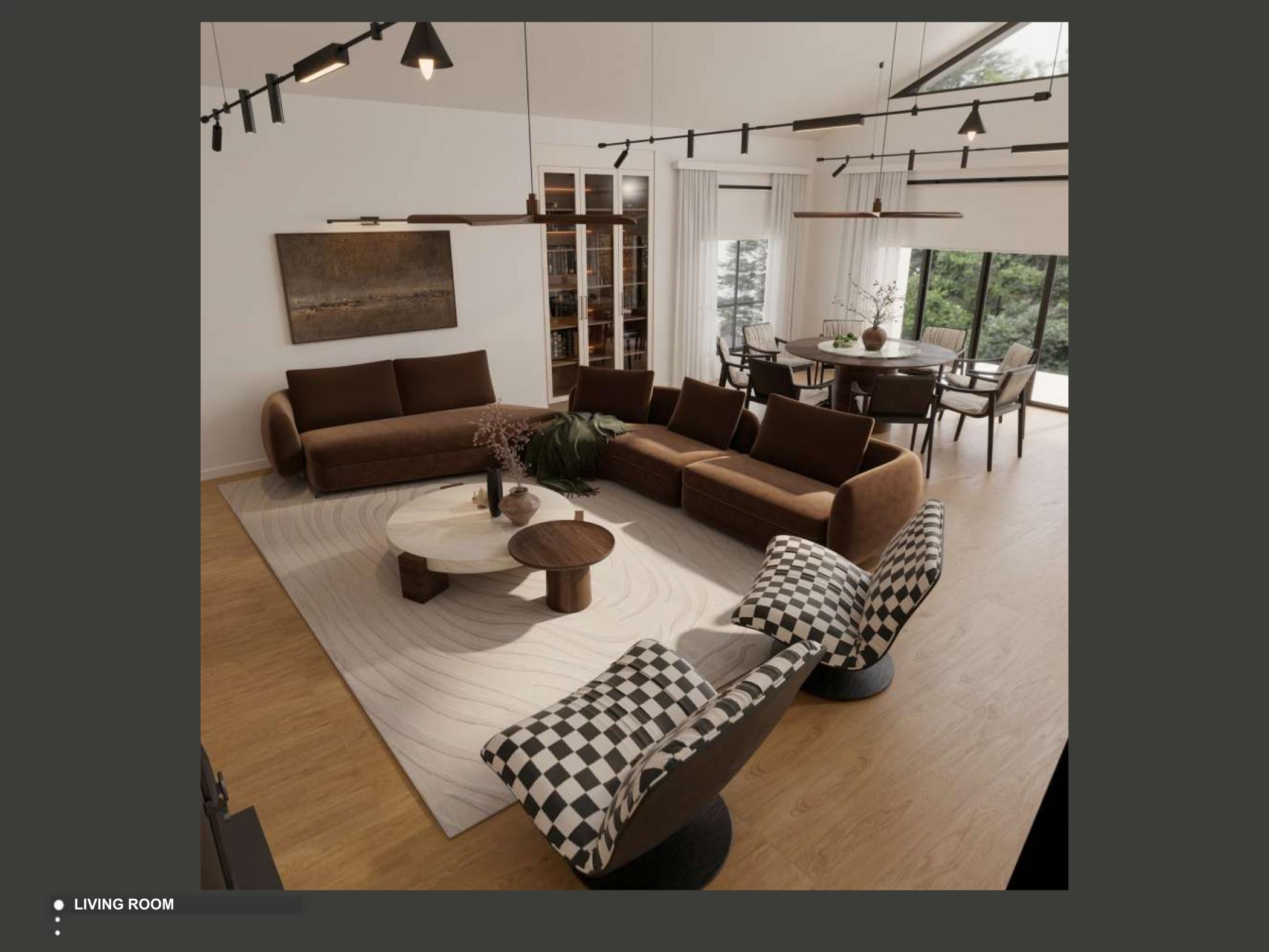 Warm contemporary living room render for the Sydney villa